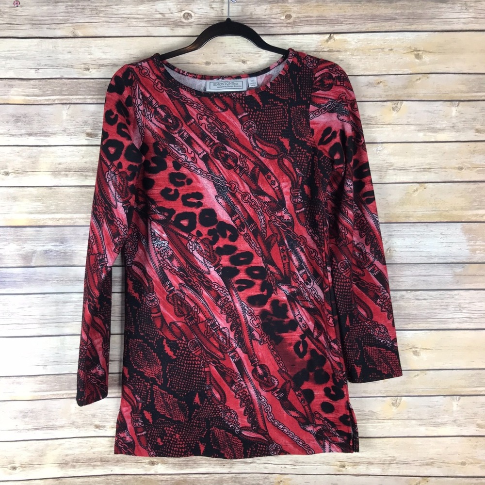 Simonton Says Top Womens XXS Red Mix Print Brushed Knit Boat Neck Tunic Pullover